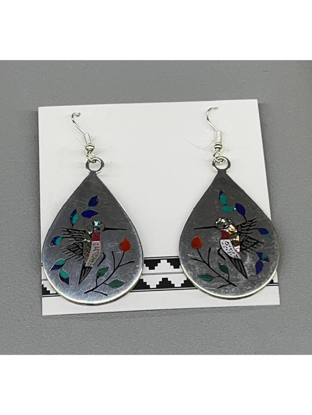 Native American handmade sterling silver inlay hummingbird earrings